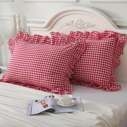 Red/White Plaid Pillow Shams Standard Size Set of 2, Shabby Checkered Washed - Image 2