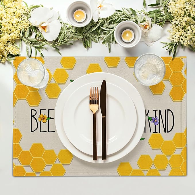 Giwawa Bee Kind Placemats Set of 4-12"x18" Summer Bees Floral Linen Place Mat- - Image 3