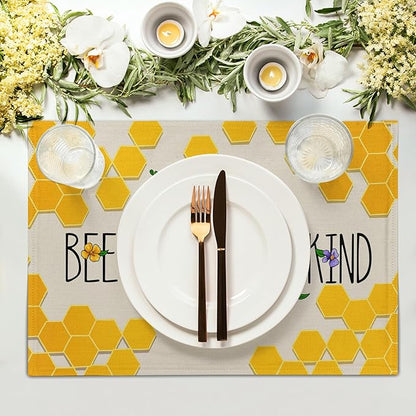 Giwawa Bee Kind Placemats Set of 4-12"x18" Summer Bees Floral Linen Place Mat- - Image 3