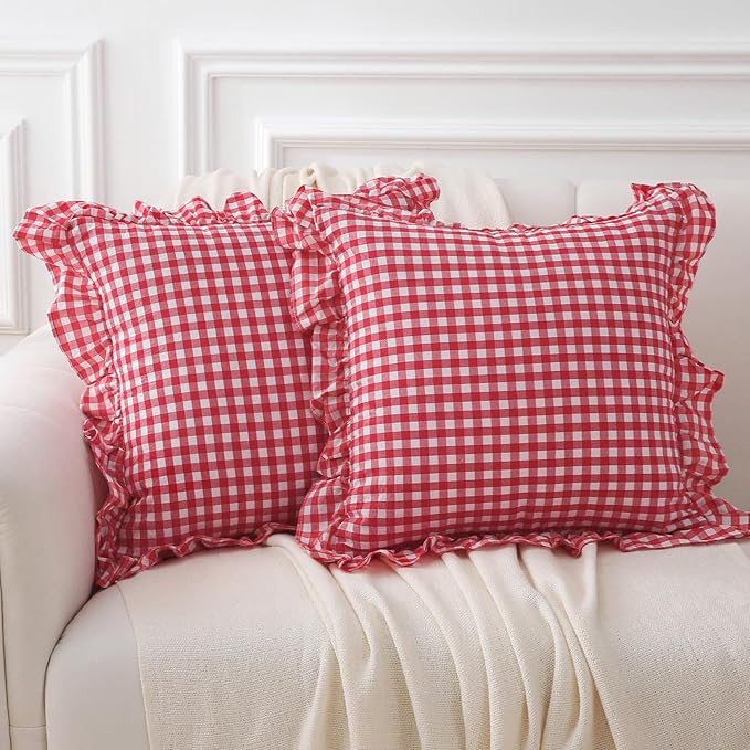 2 Pack Red White Plaid Ruffle Gingham Throw Pillow Covers, 100% Washed Cotton by KMASANIJI