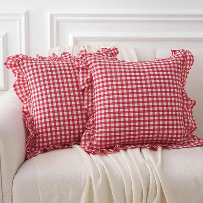 2 Pack Red White Plaid Ruffle Gingham Throw Pillow Covers, 100% Washed Cotton by KMASANIJI