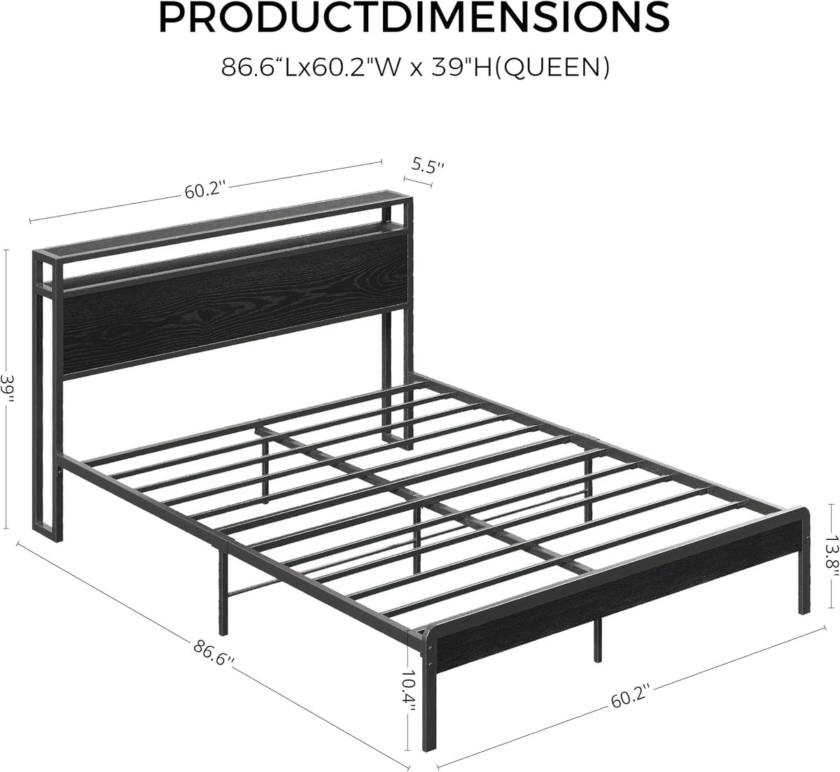 likimio queen bed frame with 2-tier storage shelf shown in use