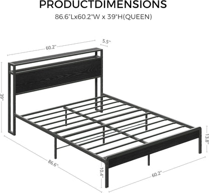 likimio queen bed frame with 2-tier storage shelf shown in use