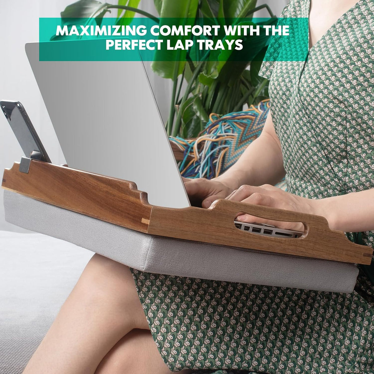 drelifam lap desk with cushion,wooden bed tray table shown in use