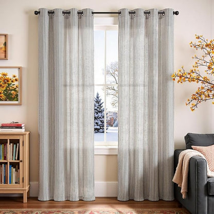 Vangao Linen Striped Black Curtains Boho Tickingstripe Light Filtering Window - Image 2