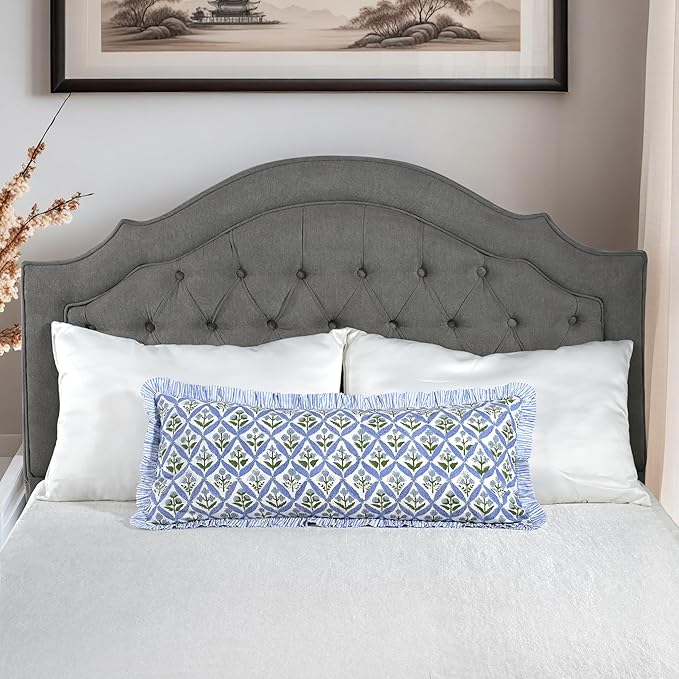 Ridhi Light Steel Blue 100% Cotton Block Print Ruffle Lumbar Sham Cover - Image 3