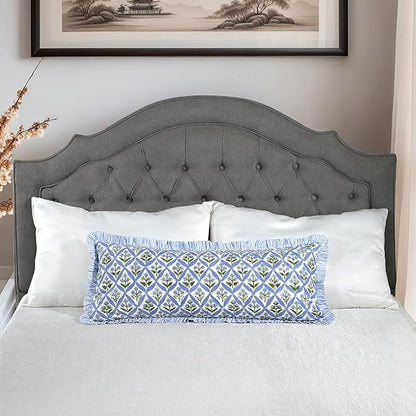 Ridhi Light Steel Blue 100% Cotton Block Print Ruffle Lumbar Sham Cover - Image 3