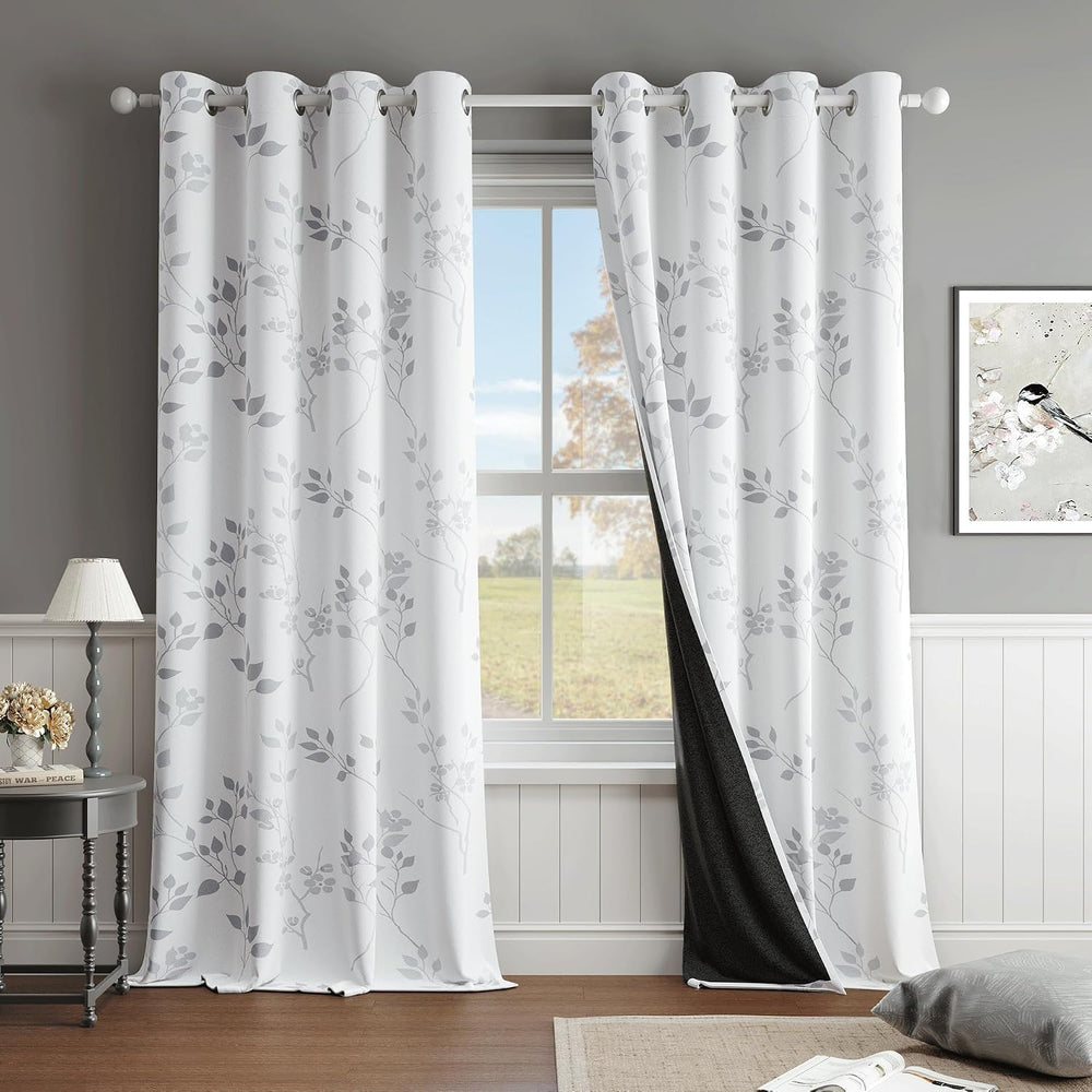 Beauoop Floral 100% Blackout Curtains for Bedroom Grey White 52X84 2 Panels