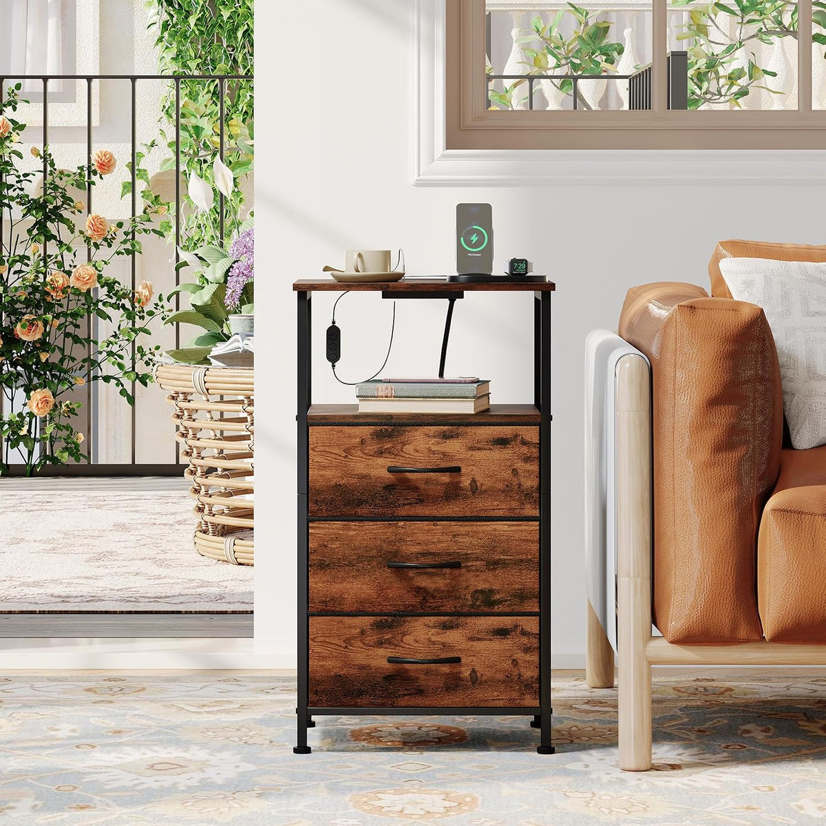 somdot tall nightstand with 3 drawers, charging station on a desk or shelf