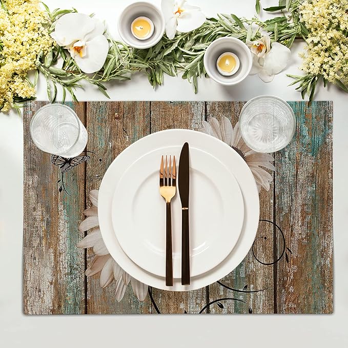 Giwawa Rustic Daisy Board Placemats- White Sunflowers on Vintage Wood Plank - Image 3