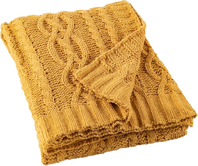 Battilo Mustard Yellow Throw Blanket 51"x67" Chenille Knitted Throw Blanket - Image 7