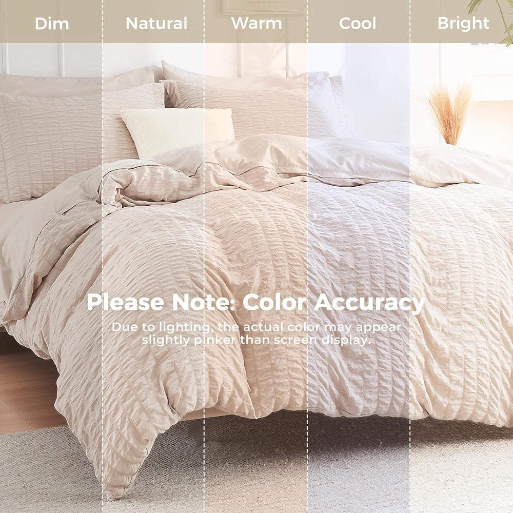 Full Comforter Set - 7PCS Bed in a Bag, Seersucker Bedding Set, Beige