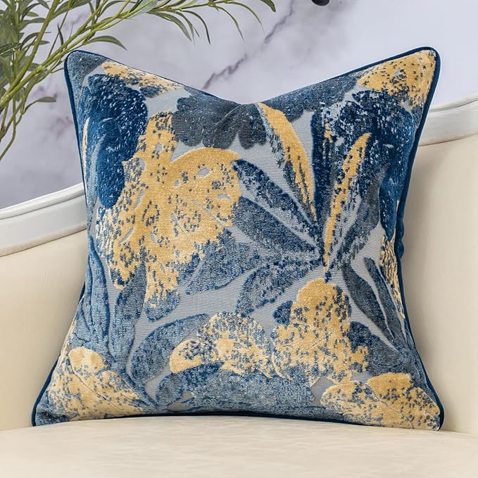 Yangest Blue Leaf Square Pillow Cover Cut Velvet Cushion Cover Luxury Modern by Yangest