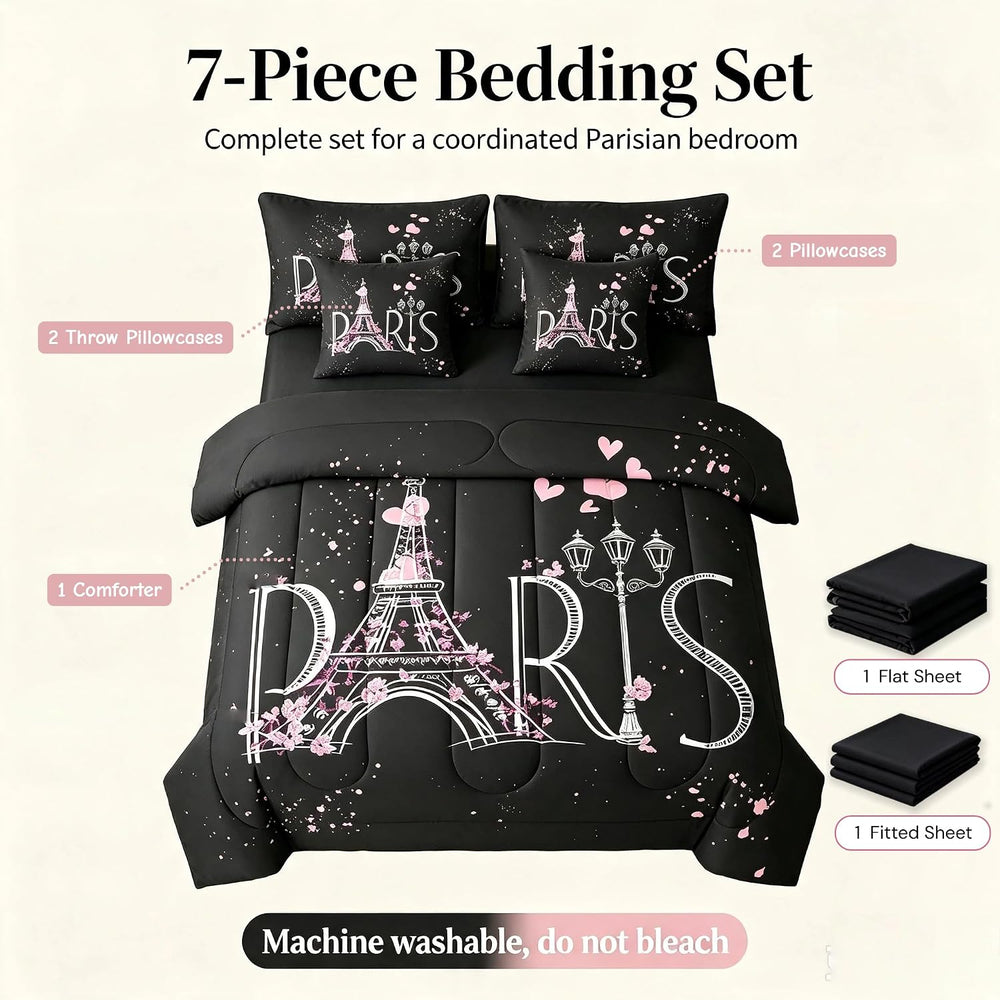 Feelyou Eiffel Tower 7 PCS Comforter Set with Sheets Chic Paris 7 Pieces Bed ...