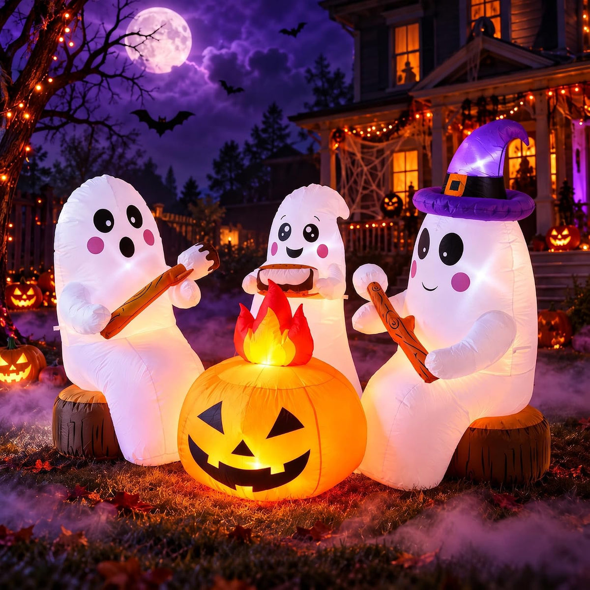 ZPISF 7.5 FT Halloween Inflatables 3 Cute Ghosts Roasting Marshmallows by Campfire, Built-in LED Lights Outdoor Yard Garden Patio Holiday Party Decorations