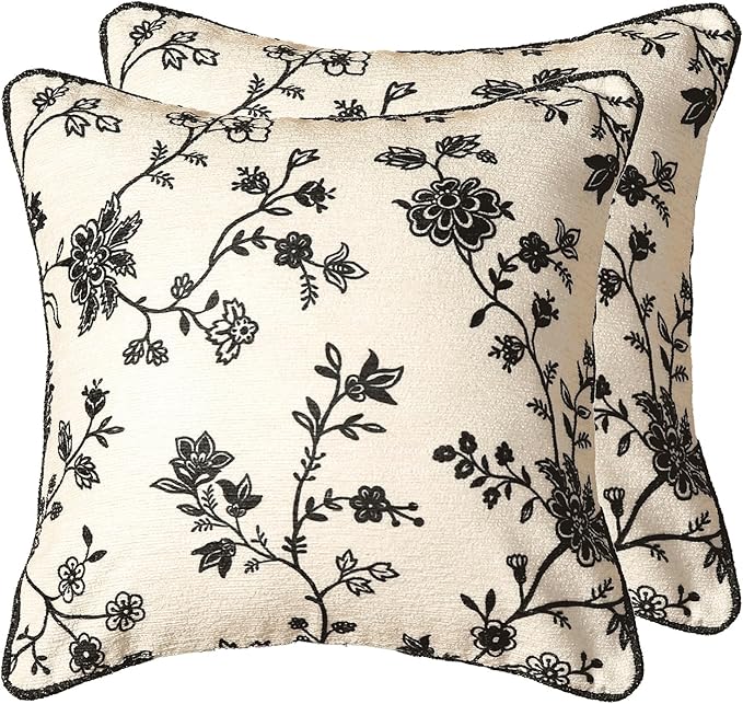 Throw Pillow Covers Set of 2, Classic Black and White Floral Elegant French by bilingaier