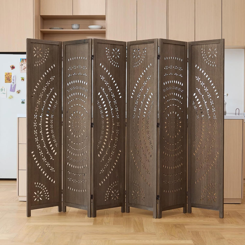 66.9Inch Folding Room Divider, 6 Panels Wood Carved Privacy Screens Free Asse...