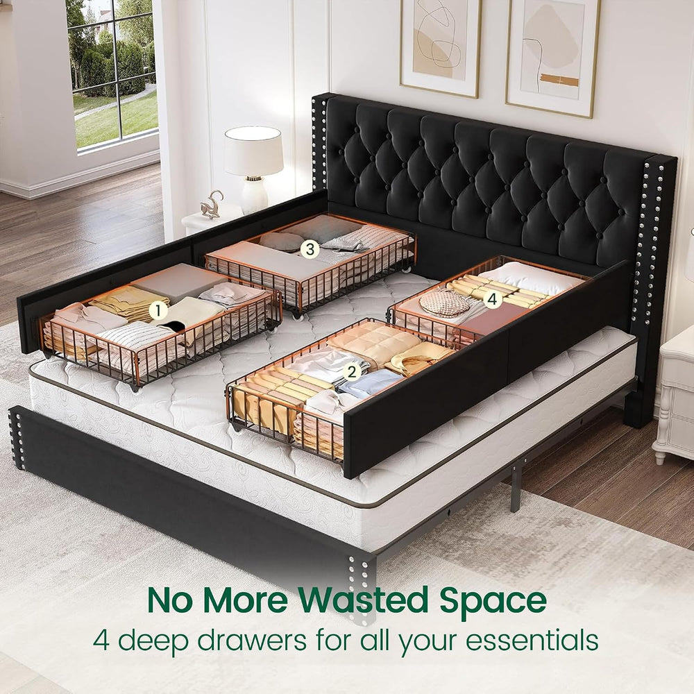 LARMACE Bed Frame King Size with 4 Storage Drawers and Tufted Headboard Velve...