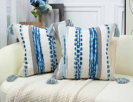 PANOD Chenille Farmhouse Throw Pillow Covers 18 x 18 Blue, Neutral Boucle Couch by PANOD