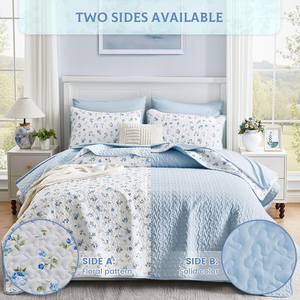 Queen/Full Size Floral Quilt Set Blue Shabby Chic Flower Bedspreads Set