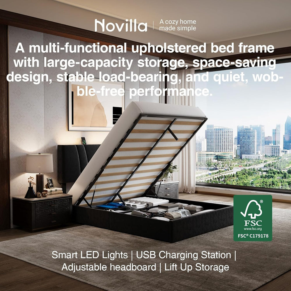 Novilla Full Lift Up Storage Bed Frame/Charging Station/LED Light, Black