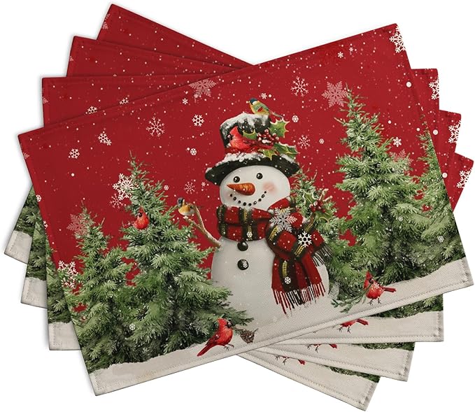 Snowman Christmas Red Placemats Set of 4 Xmas Tree Cardinal Snowflakes Linen - Image 2