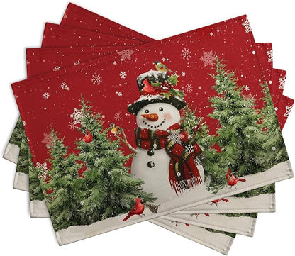Snowman Christmas Red Placemats Set of 4 Xmas Tree Cardinal Snowflakes Linen - Image 2