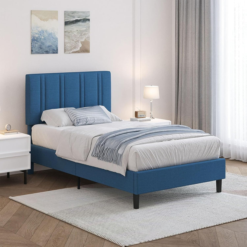 Lullabyre Twin Bed Frame with Adjustable Upholstered Headboard, Linen Fabric ...