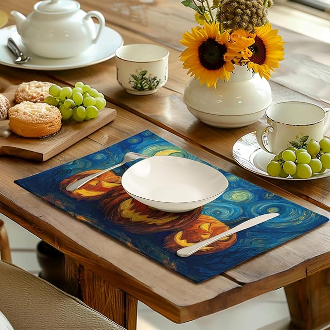 Halloween Placemats Set of 4 Pumpkin Vincent Van Gogh Starry Night Art Linen - Image 6