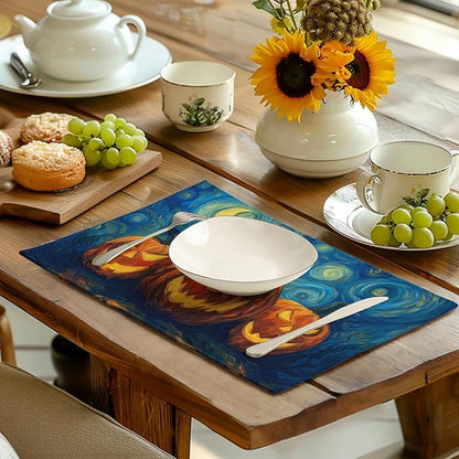 Halloween Placemats Set of 4 Pumpkin Vincent Van Gogh Starry Night Art Linen - Image 6