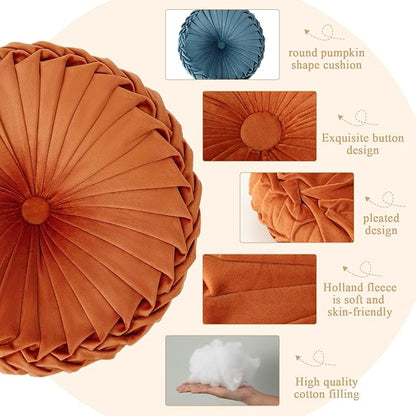 3 Pcs Round Throw Pillows Decorative Velvet Pleated Throw Pillows 15'' Diameter - Image 3