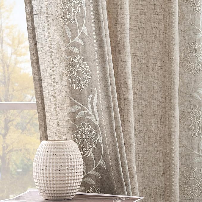 jinchan Winslow Linen Curtains for Bedroom 96 Inches Length Embroidered by JINCHAN