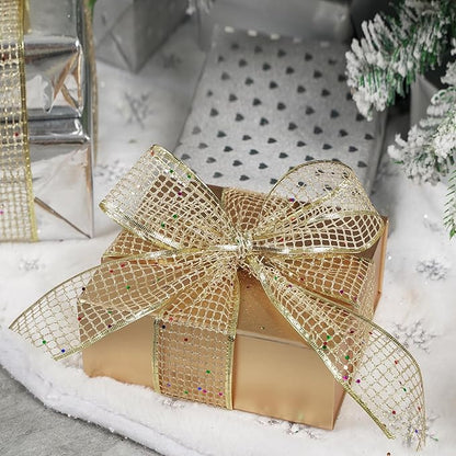 MEEDEE Champagne Gold Glitter Christmas Ribbon 2.5 Inch Square Mesh Net Wired - Image 5