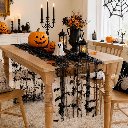 Halloween Table Runners Lace Black Bat Linen Drape Scary Theme Spooky Decor