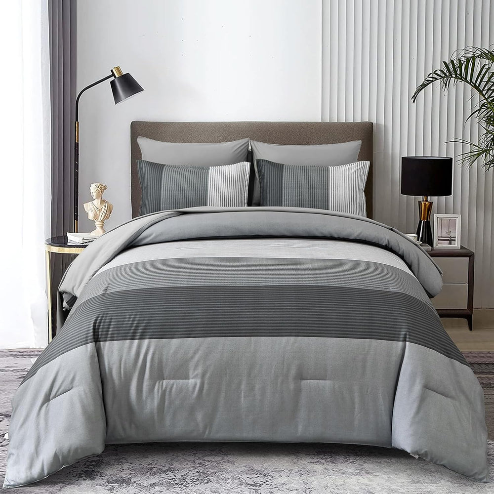 Grey Full Size Comforter Set, 7 Pieces Striped Bed in a Bag with Sheets
