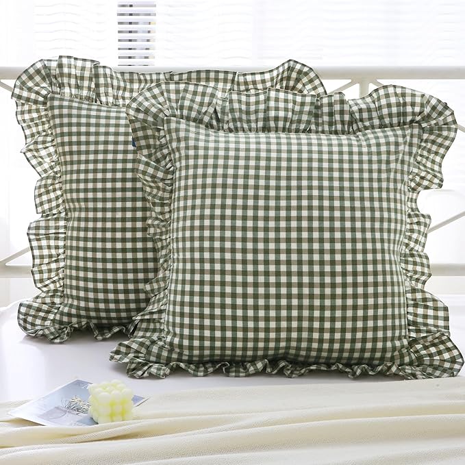 Sage Green Plaid Ruffle Decorative Throw Pillow Covers - Image 2