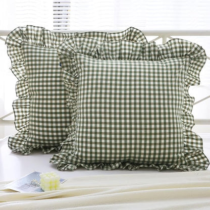 Sage Green Plaid Ruffle Decorative Throw Pillow Covers - Image 2