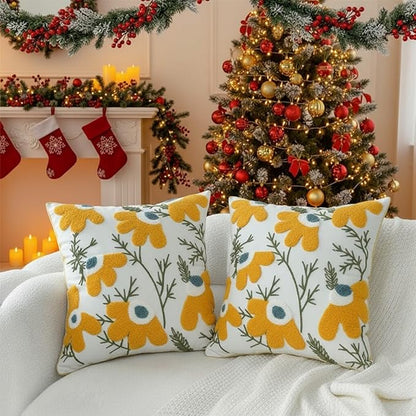 18x18 Embroidered Throw Pillow Covers Set – Yellow Daisy Cotton Decorative - Image 6