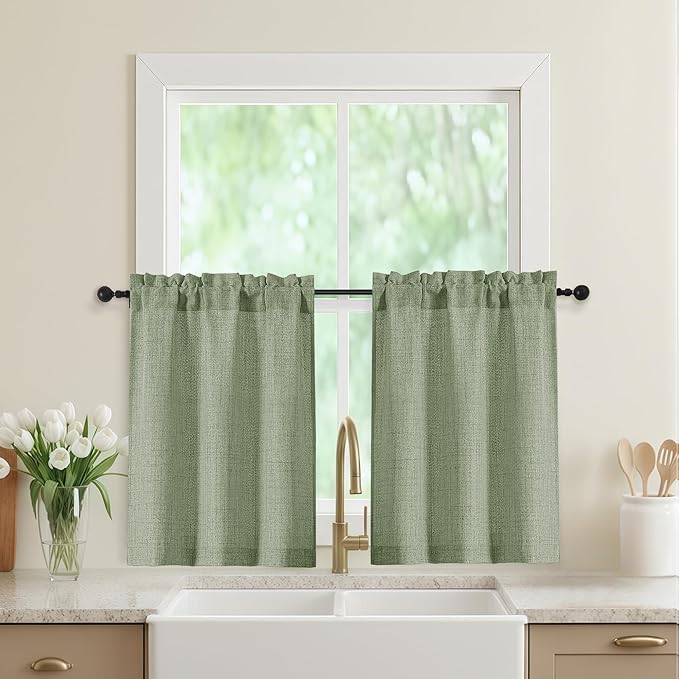 Sage Green Kitchen Curtains 30 Inch Length 2 Panels, Light Filtering Farmhouse by WelvetBLK