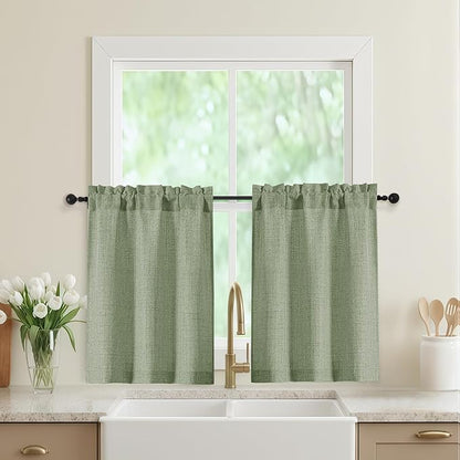 Sage Green Kitchen Curtains 30 Inch Length 2 Panels, Light Filtering Farmhouse by WelvetBLK