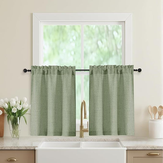 Sage Green Kitchen Curtains 30 Inch Length 2 Panels, Light Filtering Farmhouse by WelvetBLK