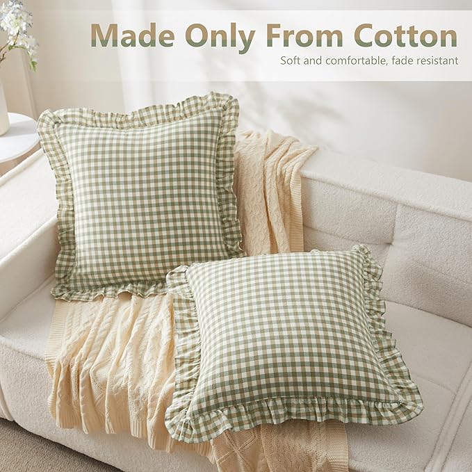 KKJIAF Ruffle Plaid Euro Sham Pillow Covers 20 x 20 Inches, Cotton Gingham - Image 3