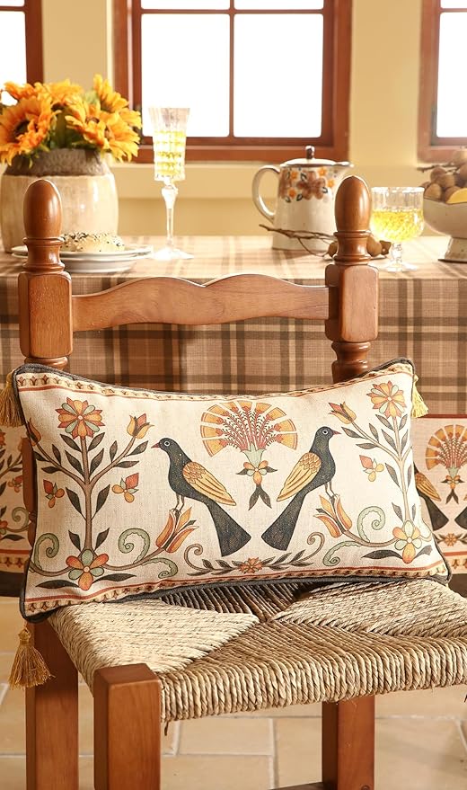 Brown Throw Pillow Covers, Floral Farmhouse Birds Flower Pattern Linen Accent - Image 6