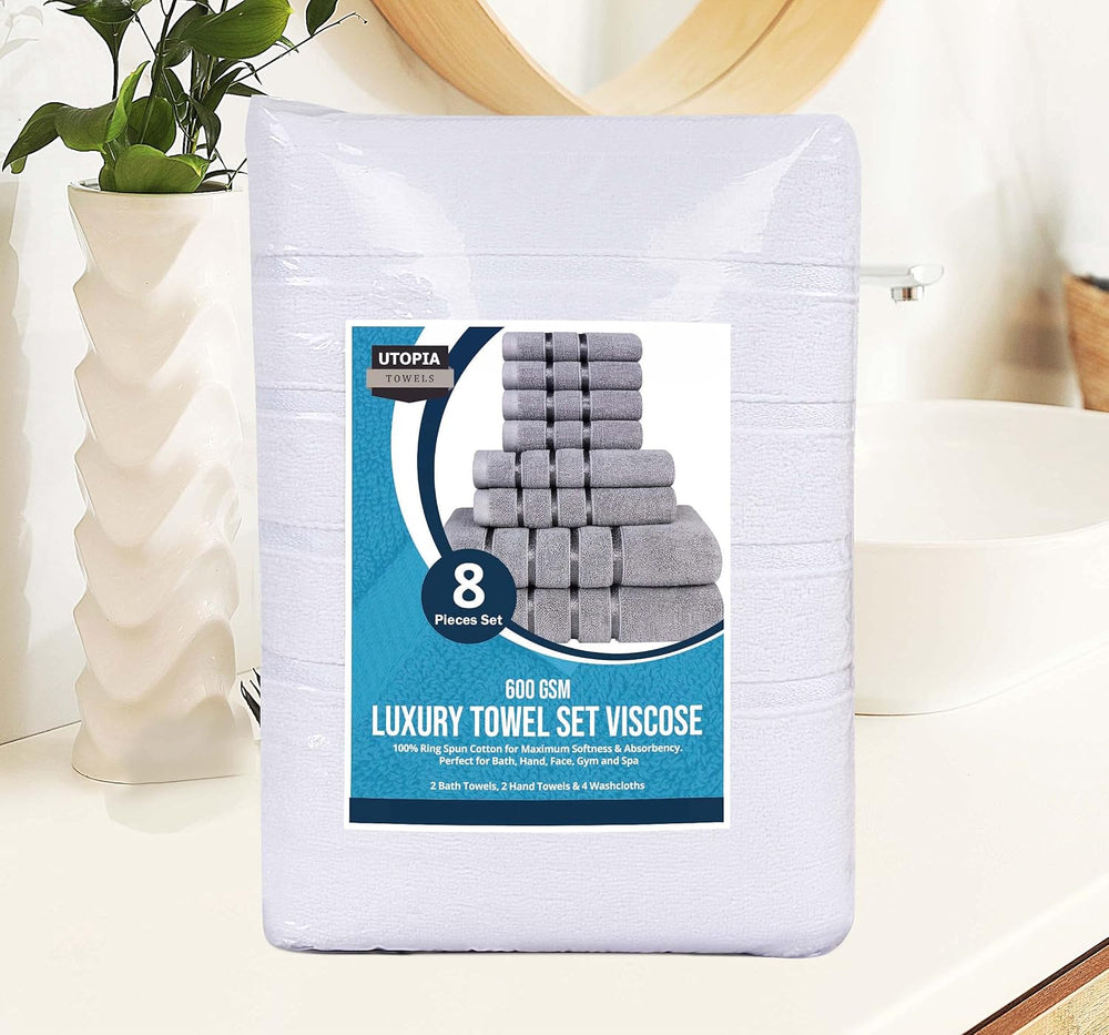Utopia Towels 8 Piece Luxury Towel Set, 600 GSM, Viscose Stripe, White