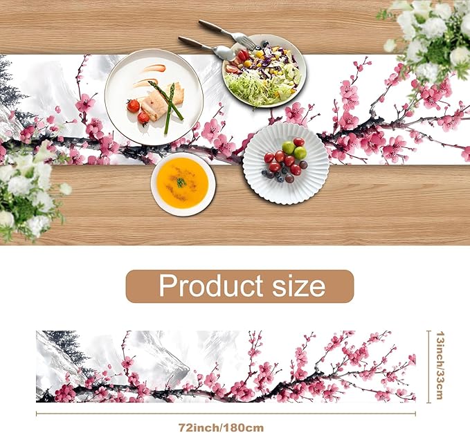 Asian Plum Blossom Table Runner – Elegant Ink Wash Cherry Flower Design – - Image 3
