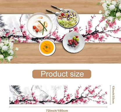 Asian Plum Blossom Table Runner – Elegant Ink Wash Cherry Flower Design – - Image 3