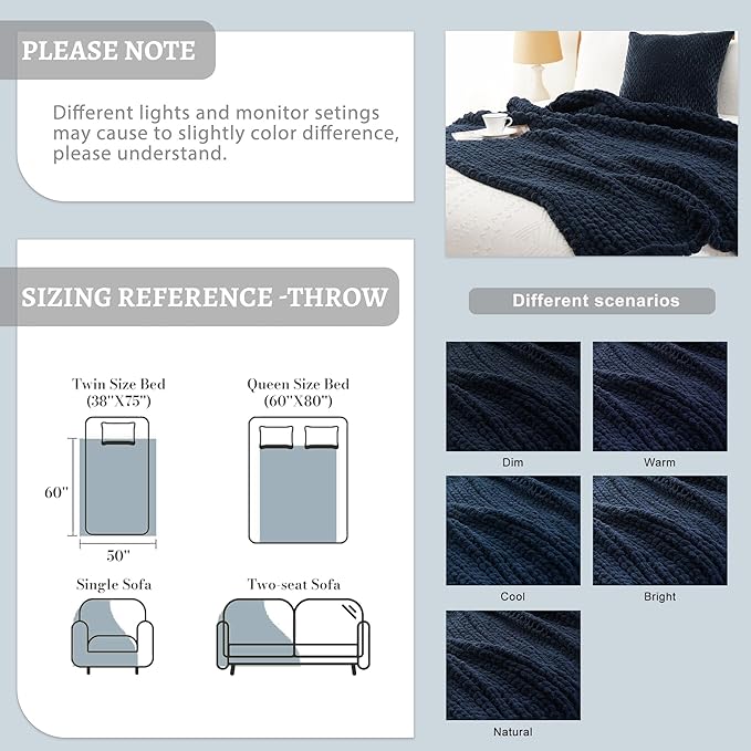 Battilo Navy Chunky Knit Throw Blanket, Soft and Thick Navy Blue Chenille Throw - Image 9