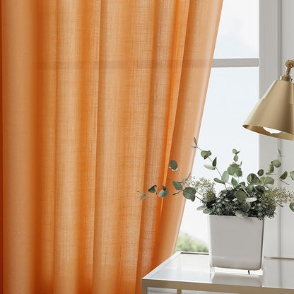 Nanspring Orange Boho Curtains for Bedroom Back Tab Rod Pocket Semi Sheer Linen - Image 2
