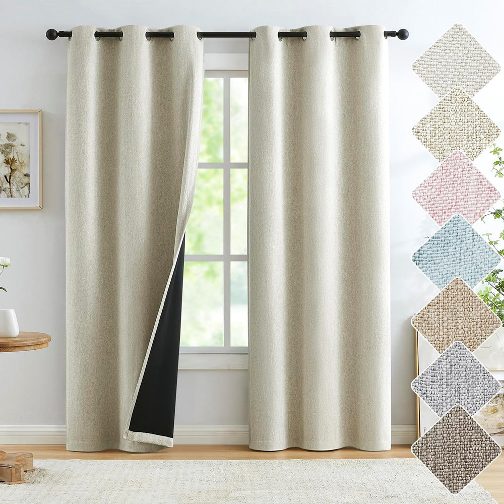 True Blackout Natural Linen Curtains for Bedroom Living Room 40x95" 2 Beige