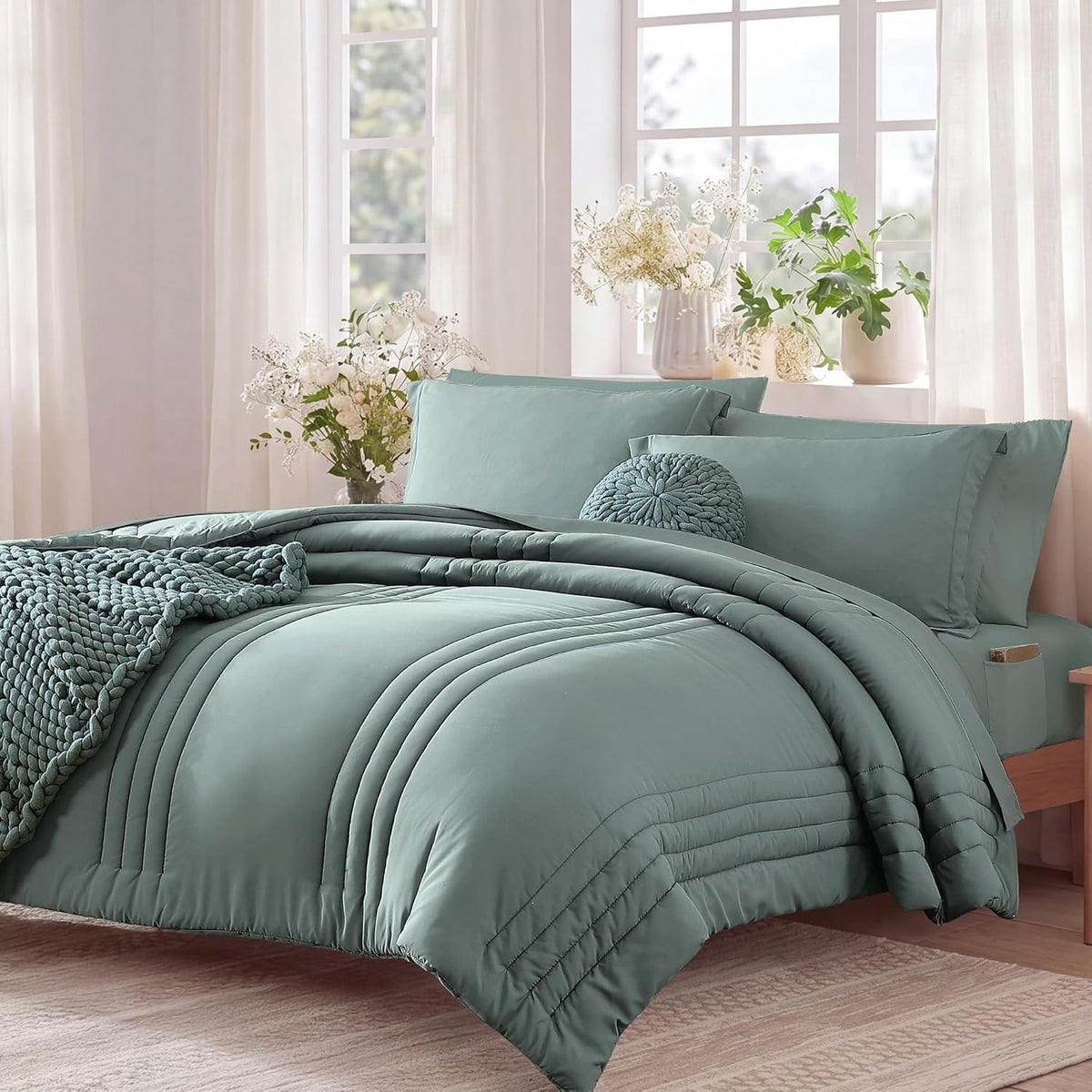 full size comforter sets-7 pieces sage soft bed shown in use